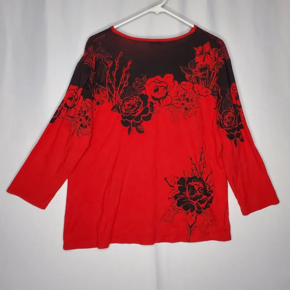 Jess & Jane T-Shirt Womens 1X Red Black Roses Cotton Sequin Y2K Witchy Goth‎